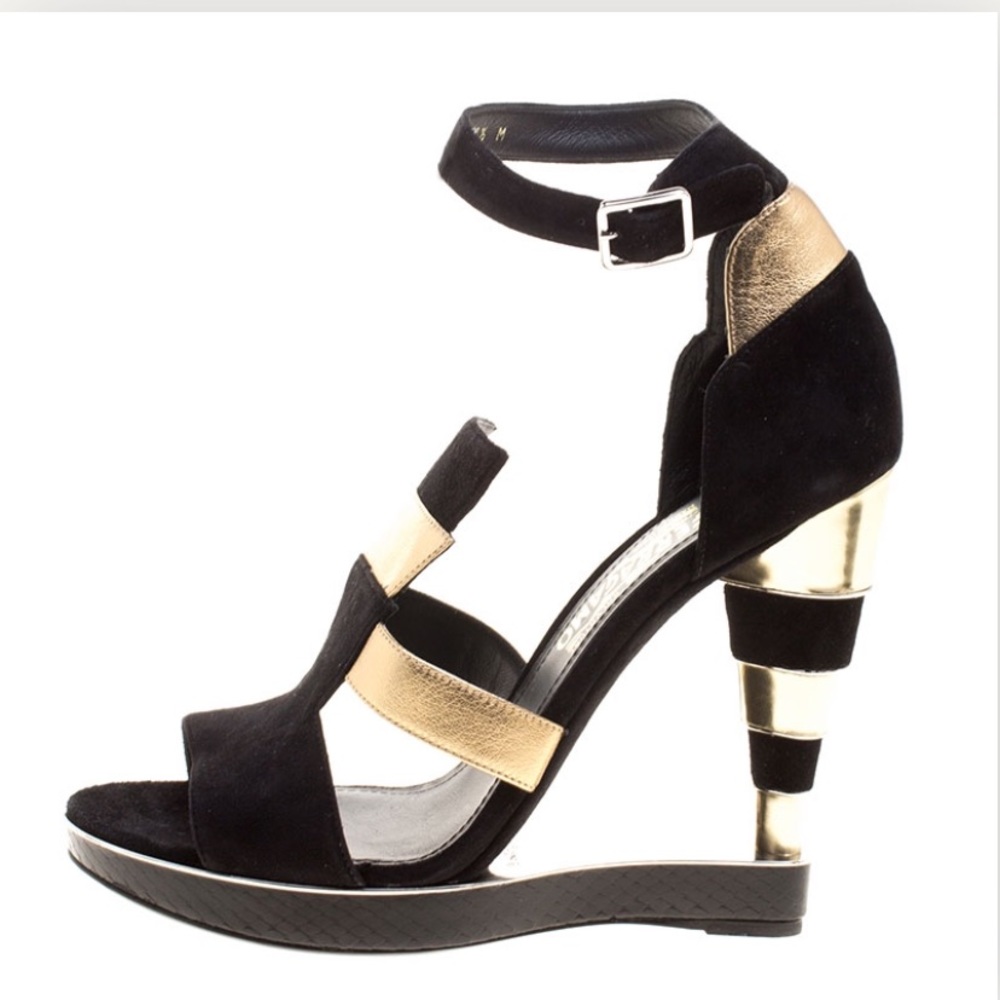 Salvatore Ferragamo Black & Gold Suede Platform Heels – Size 8, 13cm